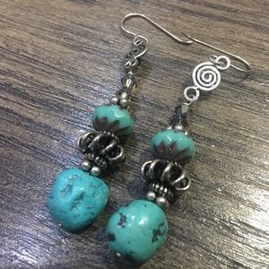 STERLING SILVER TURQUOISE BEAD LONG EARRINGS